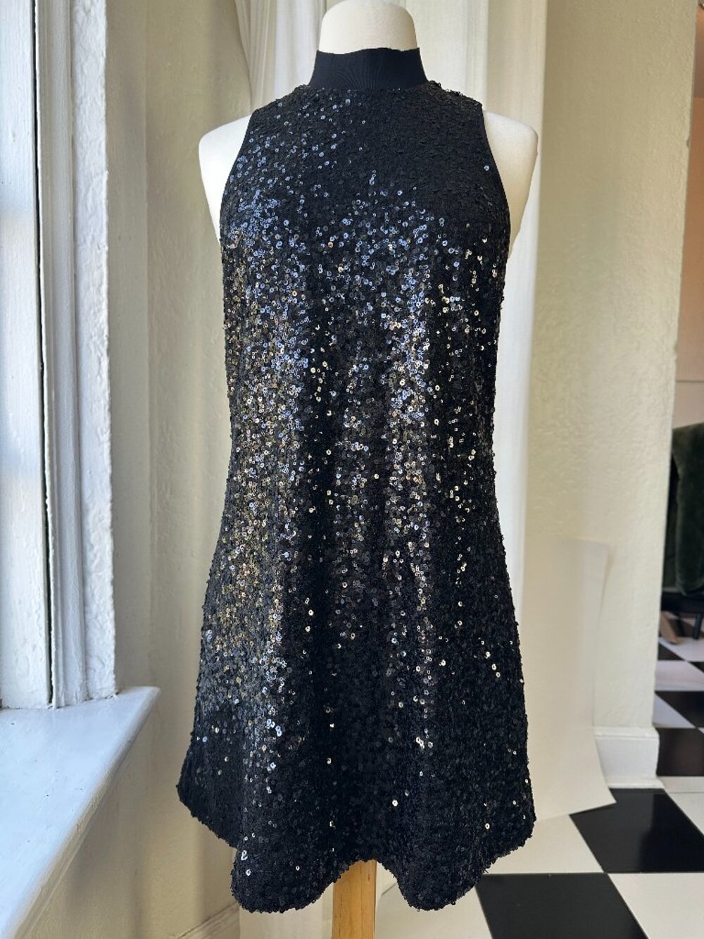 GUESS Black Sequin Mock Neck A-Line Mini Dress Sleeveless Party XS